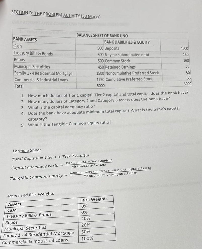 SECTION D: THE PROBLEM ACTIVITY (30 Marks) BANK ASSETS Cash Treasury