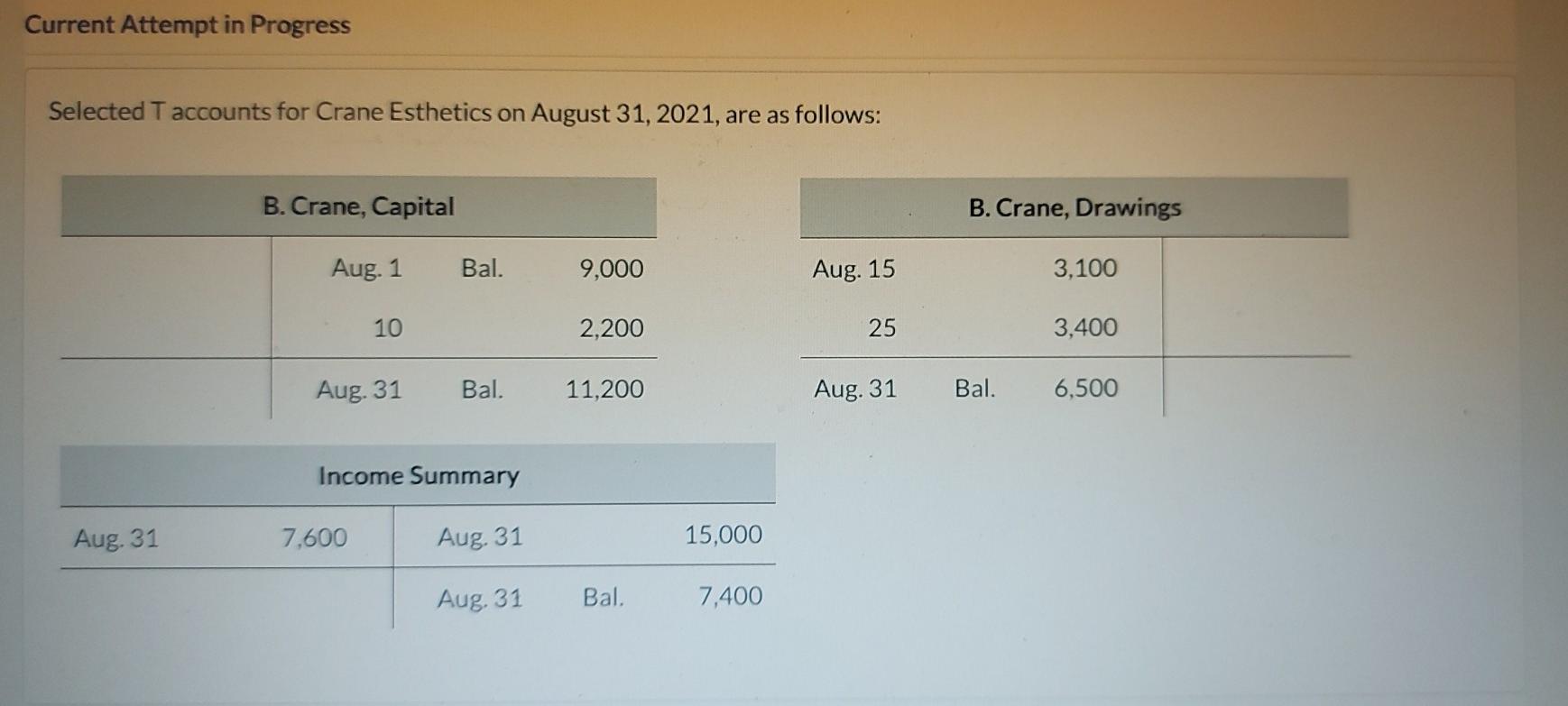 Current Attempt in Progress Selected T accounts for Crane Esthetics on