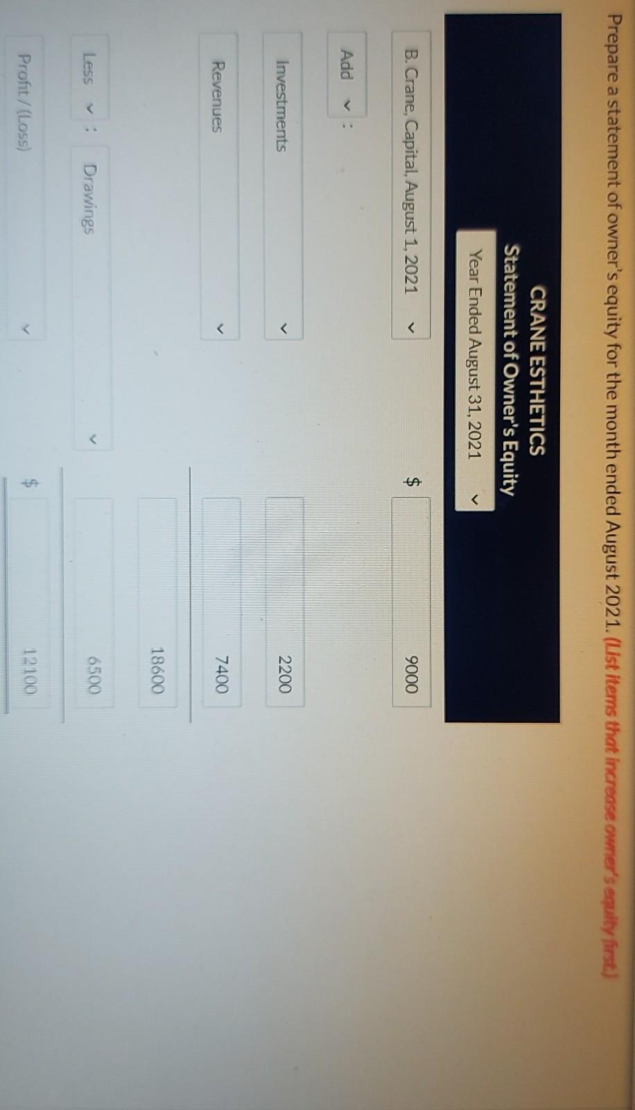 August 31, 2021, are as follows: B. Crane, Capital B. Crane, Drawings