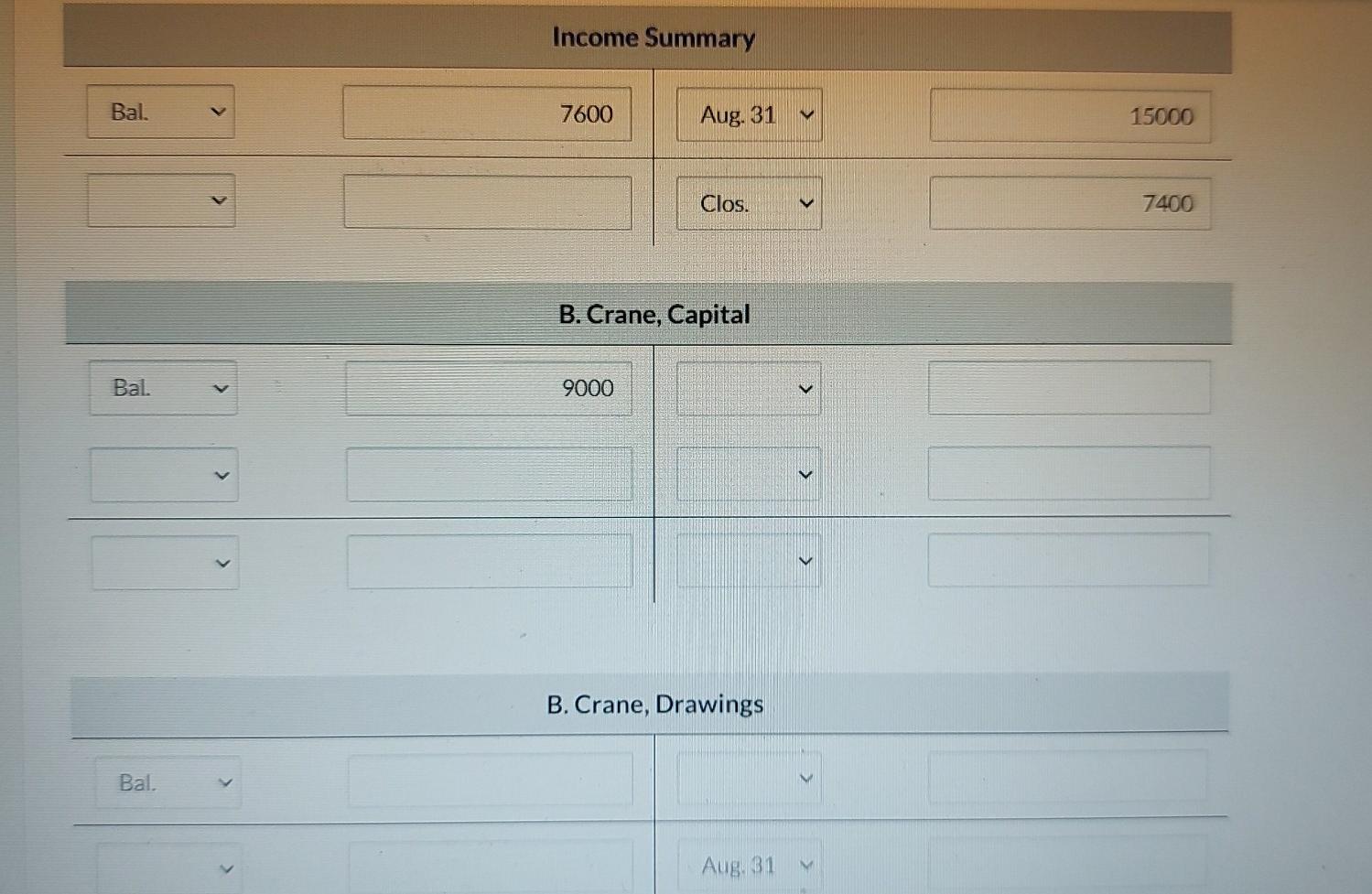 31 Bal. 11,200 Aug. 31 Bal. 6,500 Income Summary Aug. 31 7,600