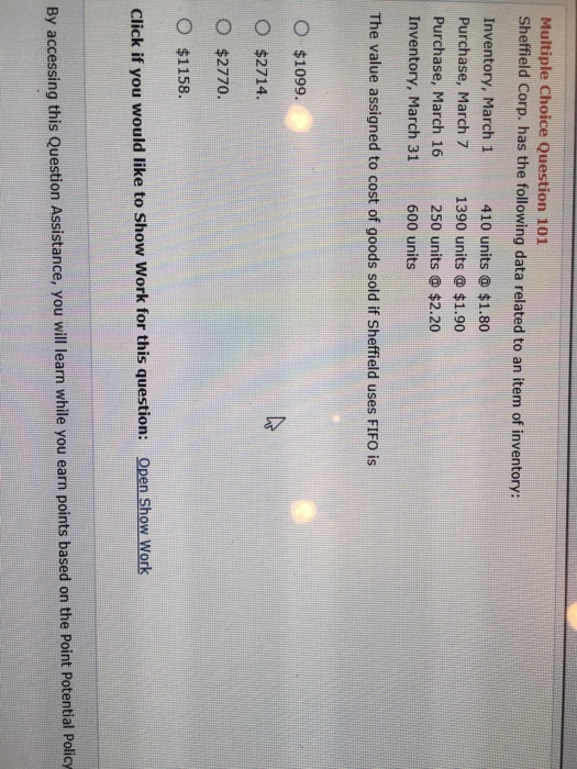  Multiple Choice Question 101 Sheffield Corp, has the following data related