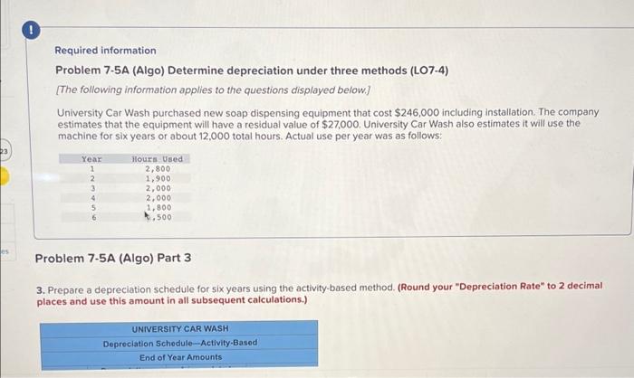  Required information Problem 7-5A (Algo) Determine depreciation under three methods (LO7-4)