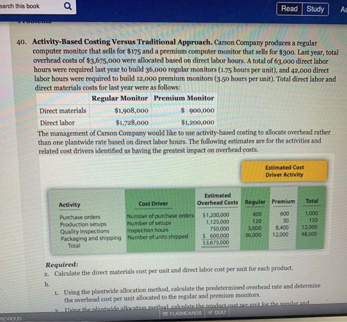  earch this book Q Read Study AE 40. Activity-Based Costing Versus