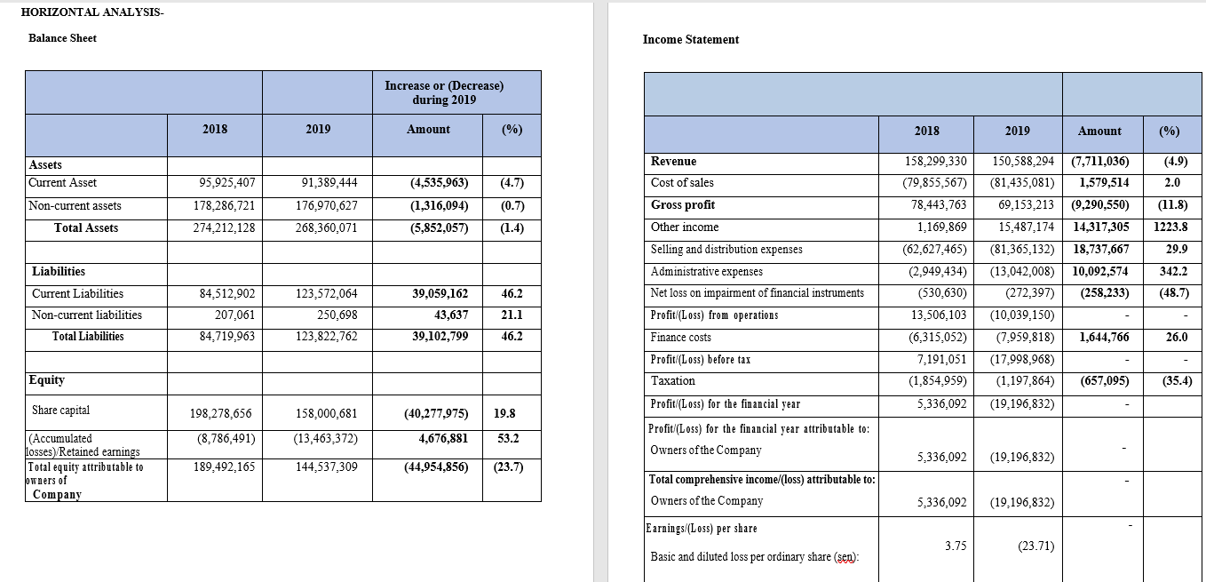 1 ) Analyze the balance sheet and income statement using HORIZONTAL analysis