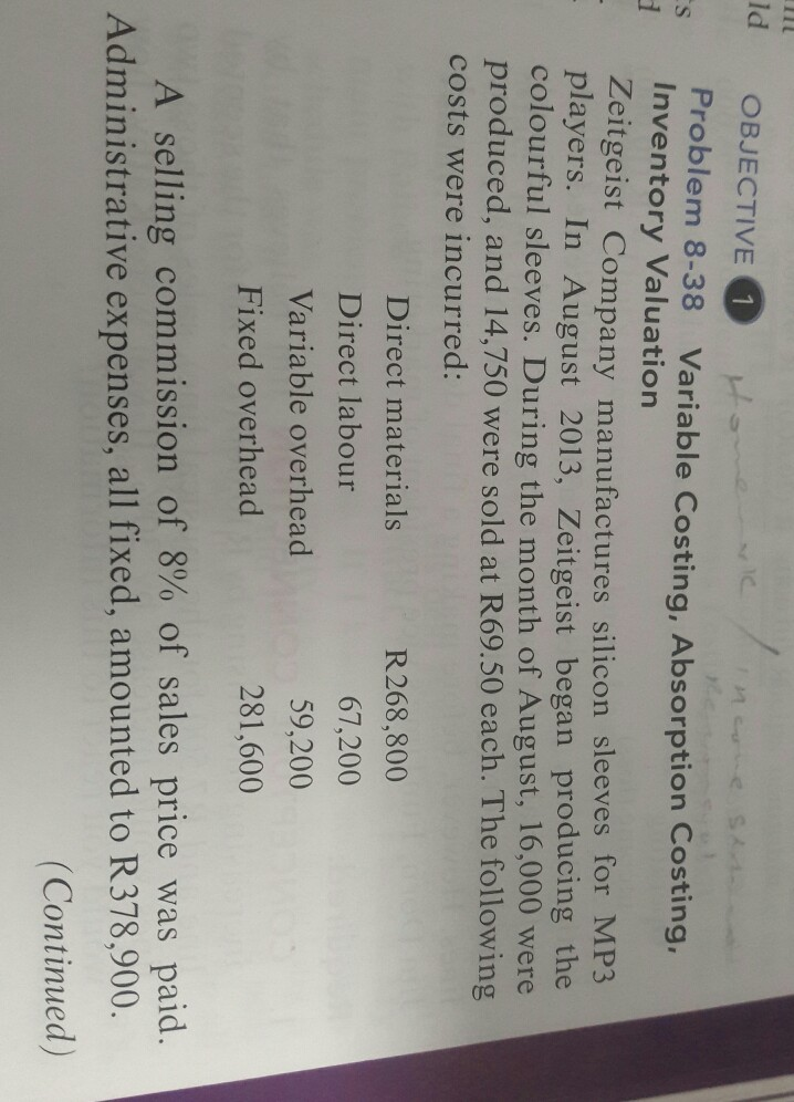  variable costing income statement Id S OBJECTIVE 1 Ho Problem 8-38