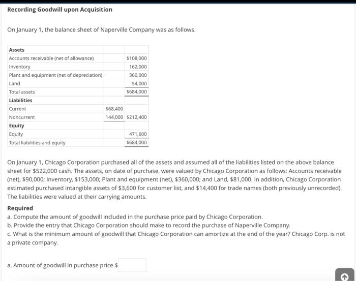 Answer please?? Recording Goodwill upon Acquisition On January 1 , the balance
