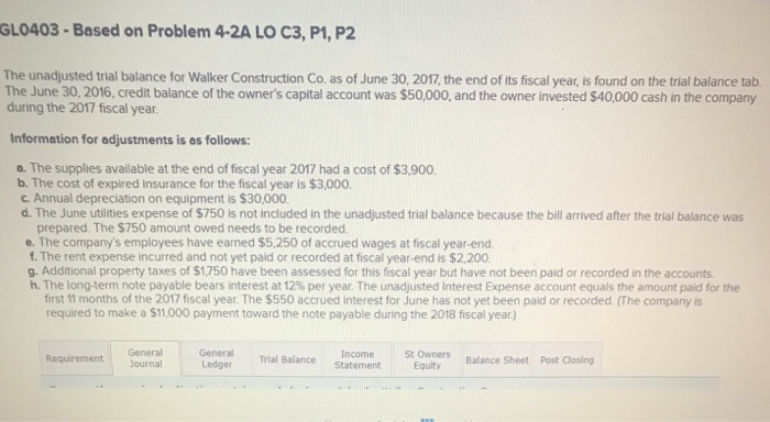  GL0403-Based on Problem 4-2A LO C3, P1, P2 The unadjusted trial