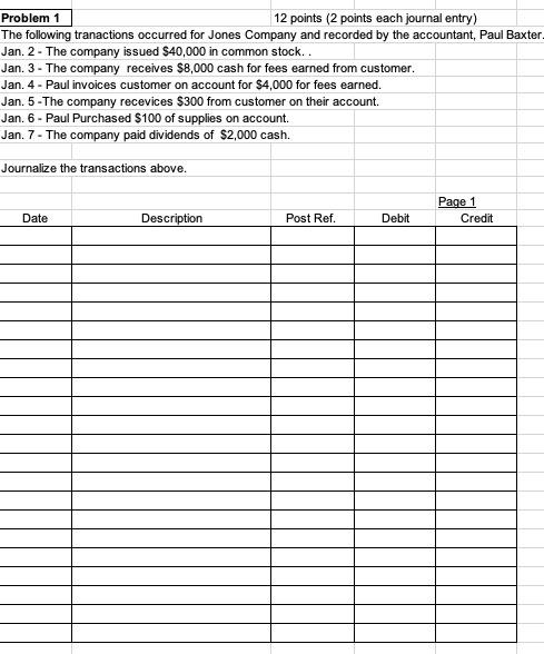  Problem 1 12 points (2 points each journal entry) The following