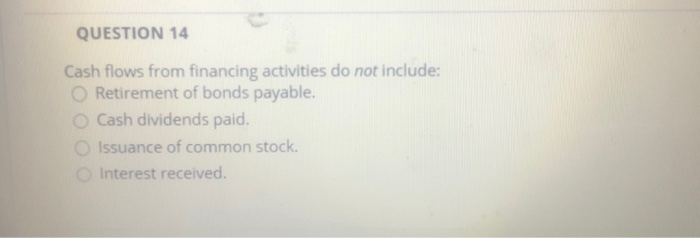  QUESTION 14 Cash flows from financing activities do not include: O