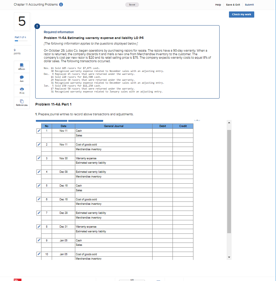  Chapter 11 Accounting Problems Saves Help Save & Exit Submit Check