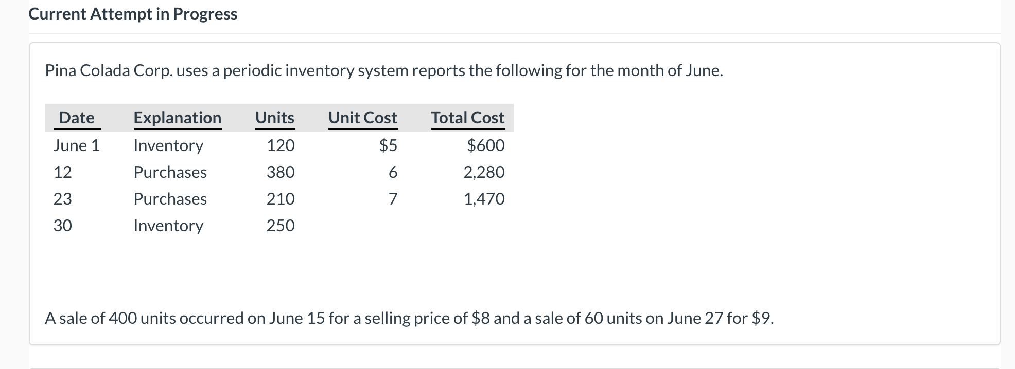 Current Attempt in Progress Pina Colada Corp. uses a periodic inventory