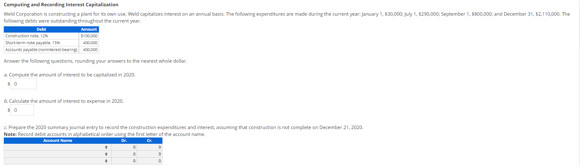 Computing and Recording Interest Capitalization Weld Corporation is constructing a plant