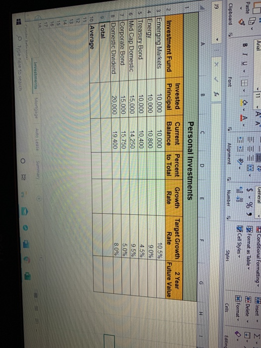  Enter a function in cell B9 on the Investments worksheet that