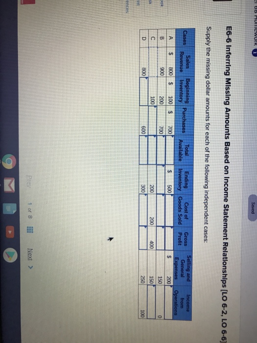  6A OS l8B HUTework 1 Saved E6-6 Inferring Missing Amounts Based