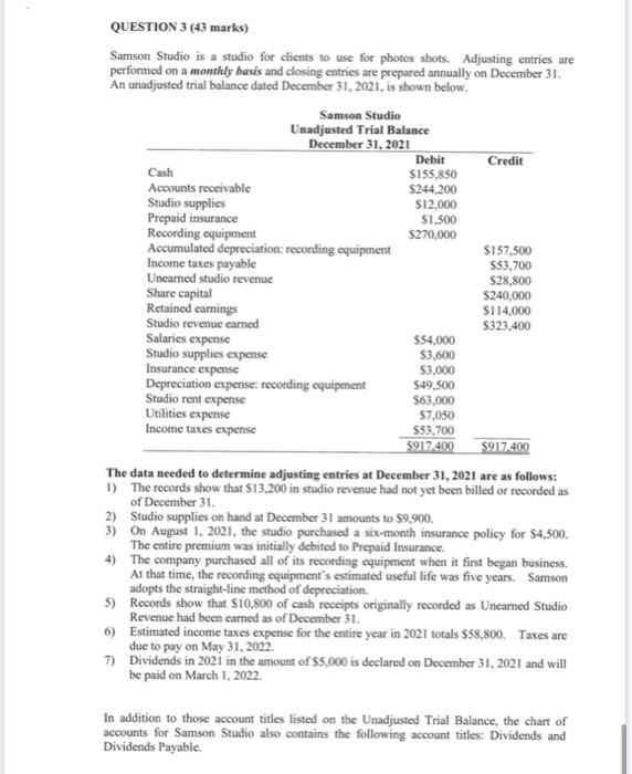  QUESTION 3 (43 marks) Samson Studio is a studio for clients