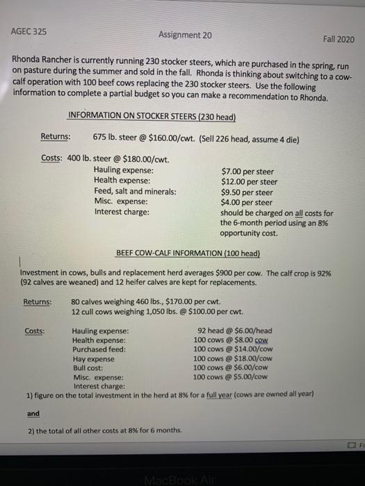 325 Assignment 20 Fall 2020 Rhonda Rancher is currently running 230 stocker