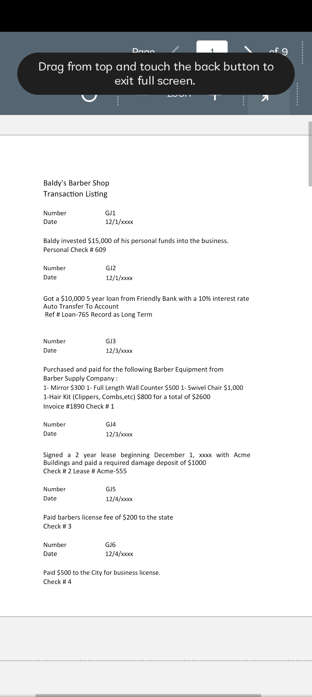 Please solve my case study Baldy's Barber Shop Transaction Listing NumberDateGJ112/1/xxxx Baldy