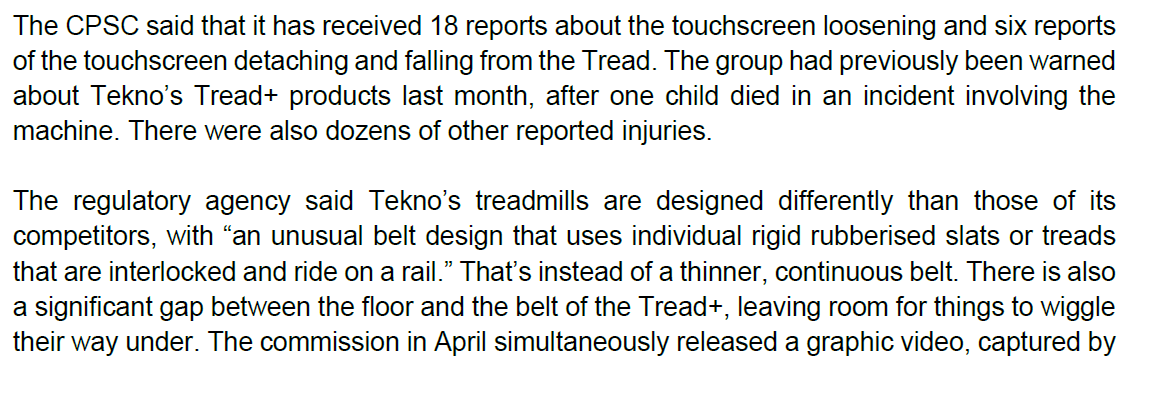 on Wednesday that both of its treadmill machines will be voluntarily recalled