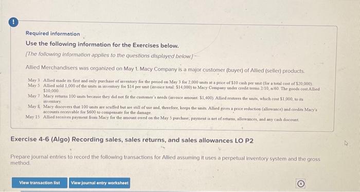  Required information Use the following information for the Exercises below. The