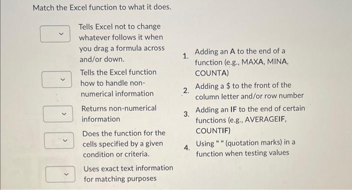  Match the Excel function to what it does