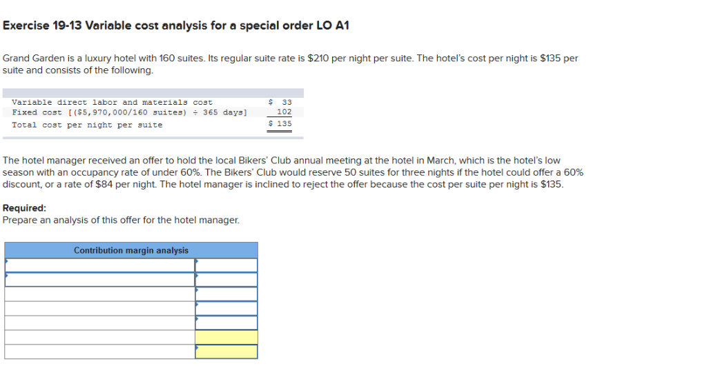 Exercise 19-13 Variable cost analysis for a special order LO A1