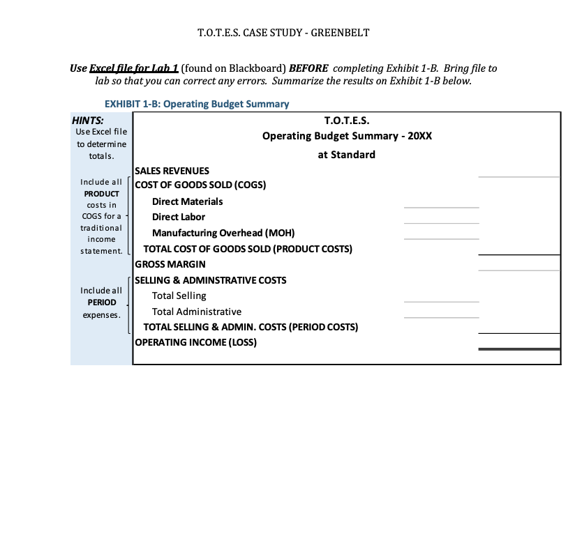LAB 2! T.O.T.E.S. Case Study-GREENBELT Student Name: COST CLASSIFICATIONS AND OPERATING BUDGET