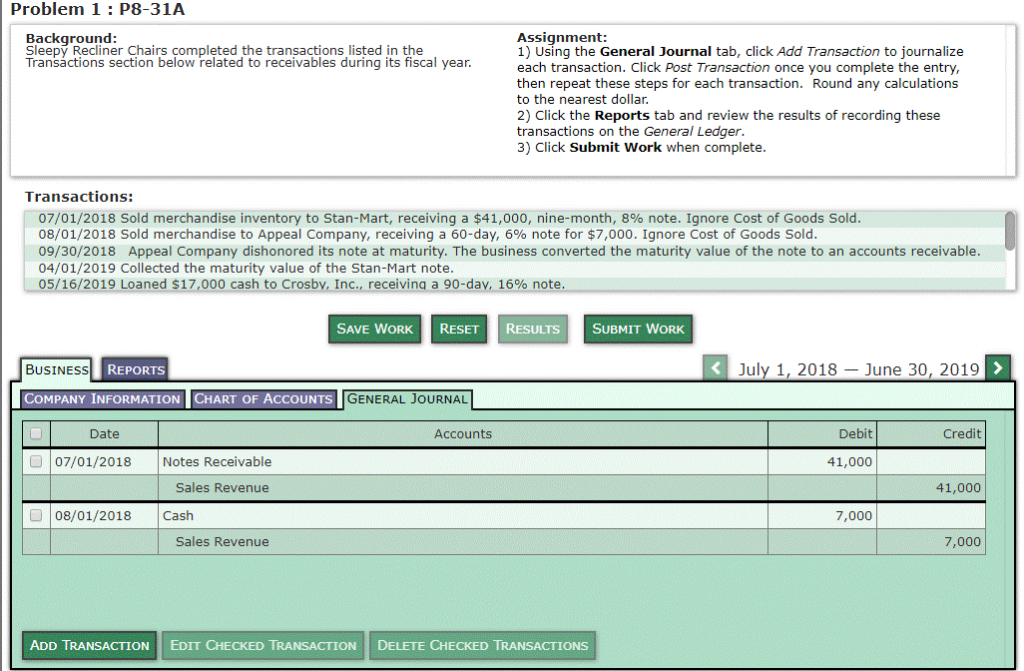  Problem 1 : P8-31A Assignment 1) Using the General Journal tab,