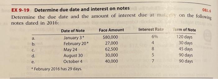  EX 9-19 Determine due date and interest on notes Determine the