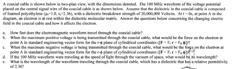  A coaxial cable is shown below in two-plan view, with the