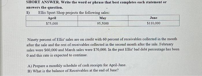  SHORT ANSWER. Write the word or phrase that best completes each