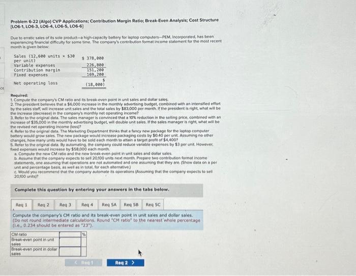  HELP PLEASE Problem 6-22 (Algo) CVP Applications; Contribution Margin Ratio; Break-Even