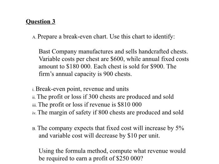  A. Prepare a break-even chart. Use this chart to identify: Bast