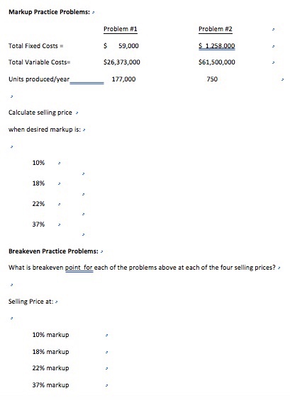  Markup Practice Problems: Problem #1 Problem #2 Total Fixed Costs =