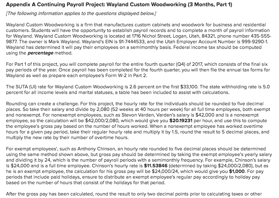 Appendix A Continuing Payroll Project: Wayland Custom Woodworking (3 Months, Part