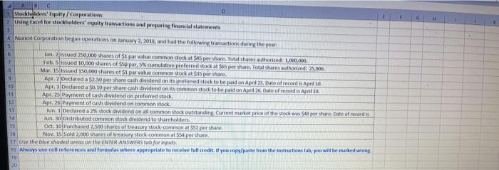  D Stackdesquity / Corporation Using Excel for stockholders' equity transactions and