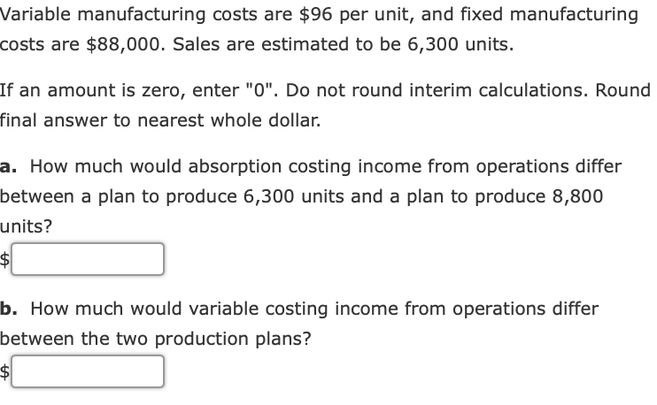 Variable manufacturing costs are $96 per unit, and fixed manufacturing costs are
