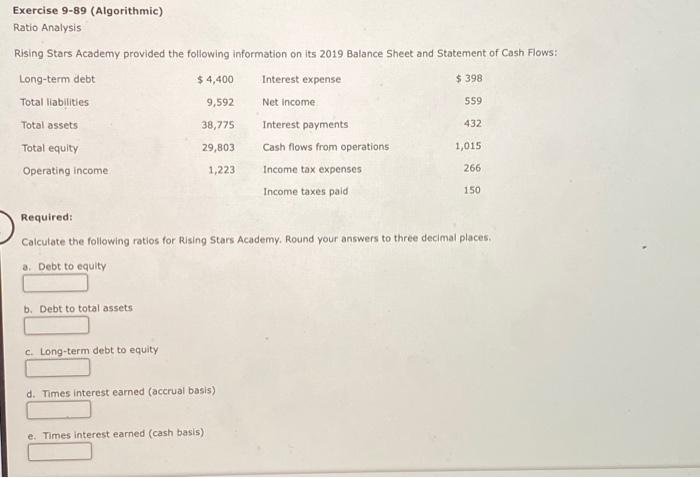  Exercise 9-89 (Algorithmic) Ratio Analysis Rising Stars Academy provided the following