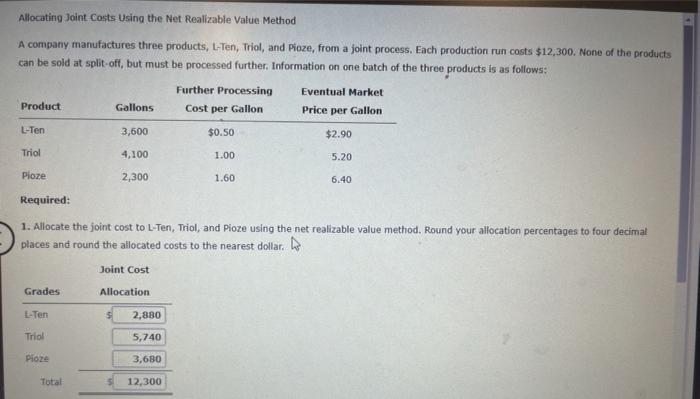  Allocating Joint Costs Using the Net Realizable Value Method A company