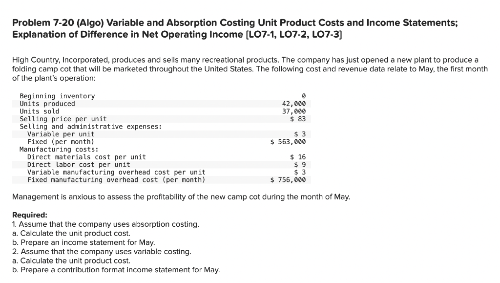 Problem 7-20 (Algo) Variable and Absorption Costing Unit Product Costs and