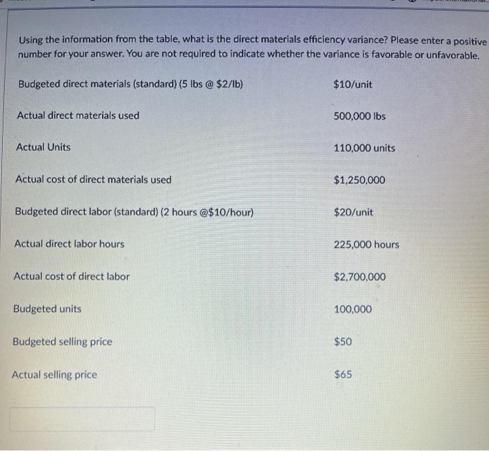  Using the information from the table, what is the direct materials