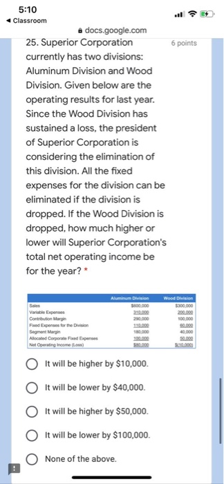  . 6 points 5:10 Classroom docs.google.com 25. Superior Corporation currently has