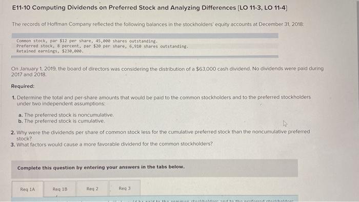  E11-10 Computing Dividends on Preferred Stock and Analyzing Differences [LO 11-3,