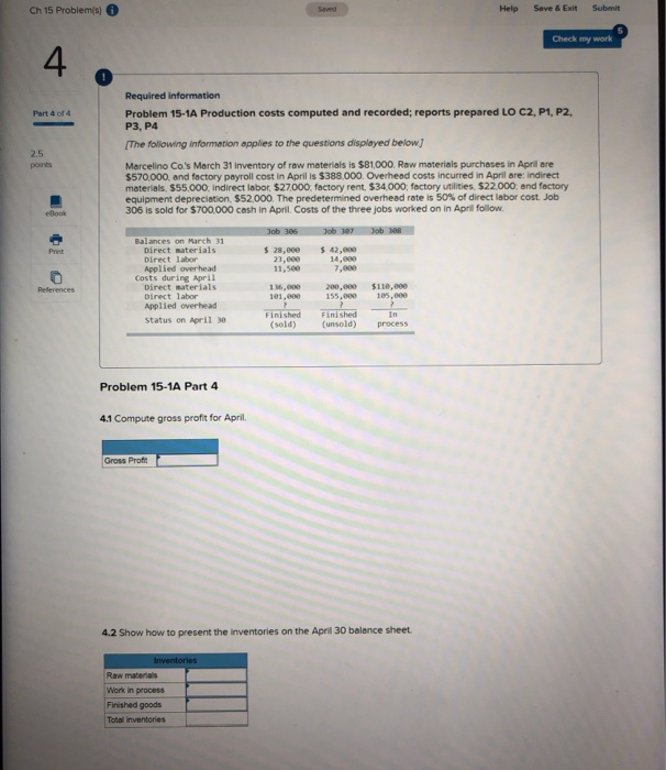  Save & Exit Submit Help Ch 15 Problems) Saved Check my