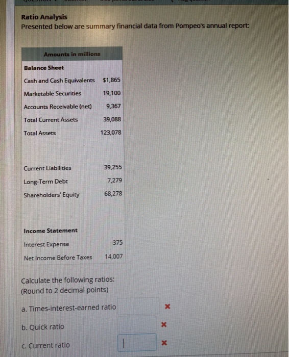  Ratio Analysis Presented below are summary financial data from Pompeo's annual