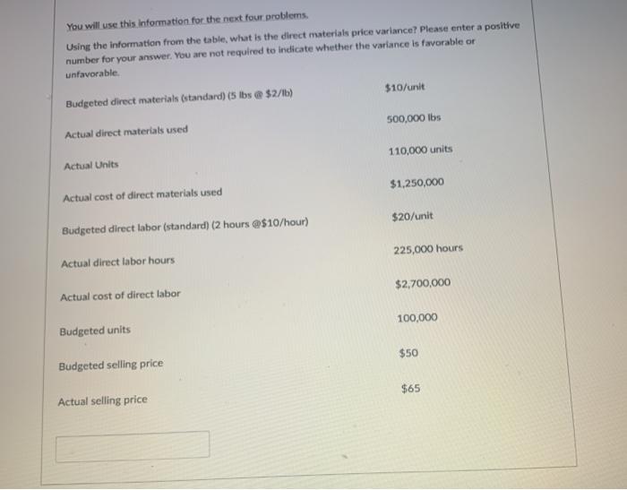  You will use this information for the next four problems. Using