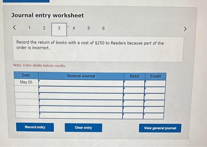 from Readers Wholesale for $2,700, terss 2/10,n/30. May 3 Pays cash for