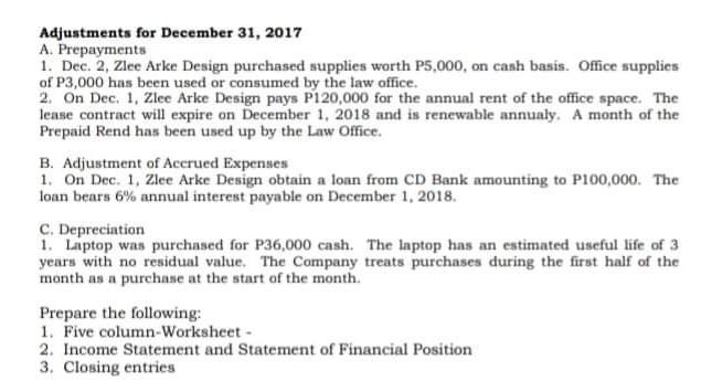 financial position, Closing entries On December 1, 2017, Architect. Zacharias Lee established