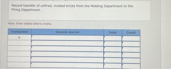 costs incurred: Molding Department, $19,100; and Firing Department, $5,800. c. Manufacturing overhead