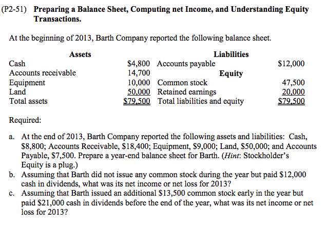 (P2-51) Preparing a Balance Sheet, Computing net Income, and Understanding Equity