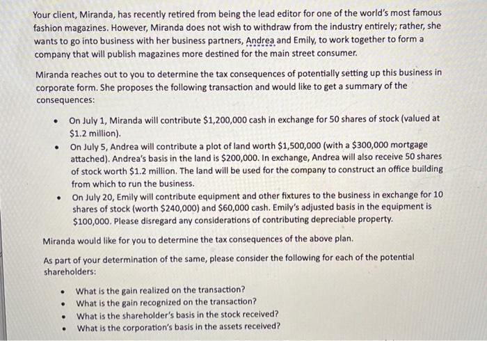 show work in excel file please Your client, Miranda, has recently retired